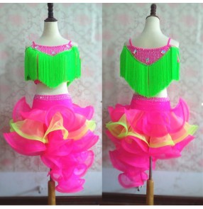 Hot pink neon green patchwork fringes tassels girls kids children stage performance  leotards competition latin ballroom dance dresses 